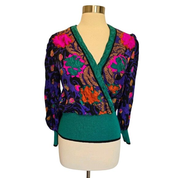 Vintage Tops - Womens 80s 90s Vintage Silk Faux Wrap Blouse Size 10 Umi Collection